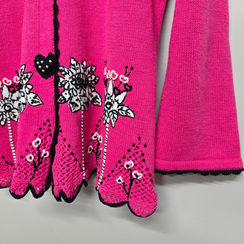 Storybook Knits Passionate Heart Cardigan Womens M Pink Embroidered Grandmacore - Picture 2 of 14